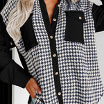 Black Houndstooth Corduroy Patchwork Flap Pocket Shacket