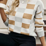 Khaki Checkered Ribbed Edge O Neck Drop Shoulder Sweater