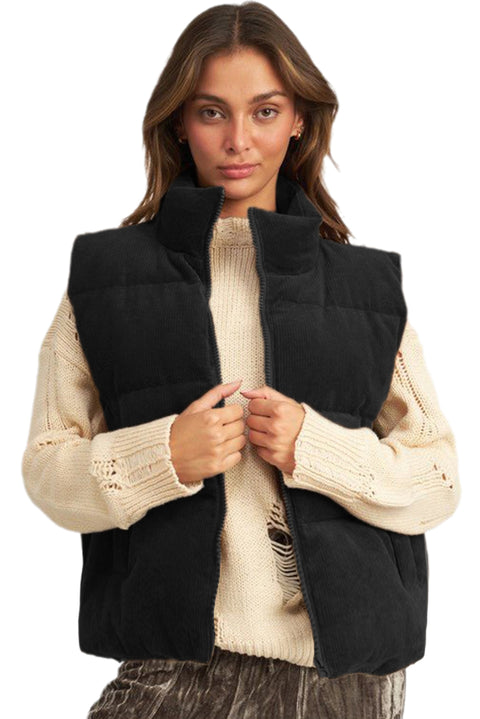 Black Corduroy Stand Neck Zipped Puffer Vest