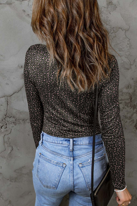 Olive Strappy Hollow-out Scoop Neck Long Sleeve Leopard Bodysuit