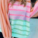 Multicolour Gradient Striped Ribbed Edge Loose Sweater