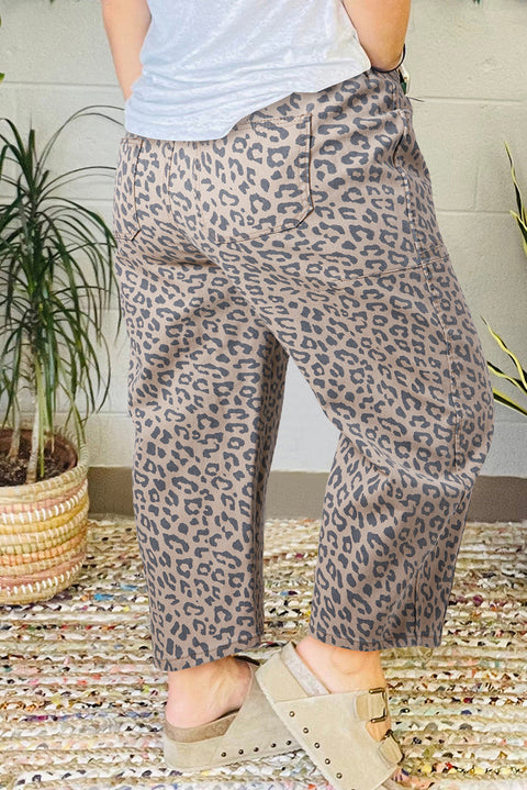 Khaki Leopard Printed Drawstring Waist Pocketed Wide Leg Jeans