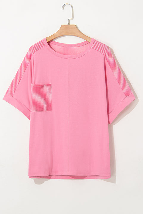 Bonbon Corded Patchwork Pocketed Plus Size T Shirt