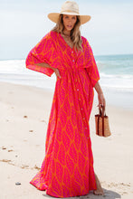 Orange Leafy Print 3/4 Sleeve V Neck Buttoned Split Maxi Dress