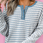 Sky Blue Stripe Textured Frilly Trim Buttons Henley Long Sleeve Top