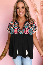 Black Geometric Embroidered Tassel Tie V Neck Blouse