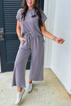 Wild Wind Solid Corded Knit Short Sleeve T Shirt and Wide Leg Pants Set