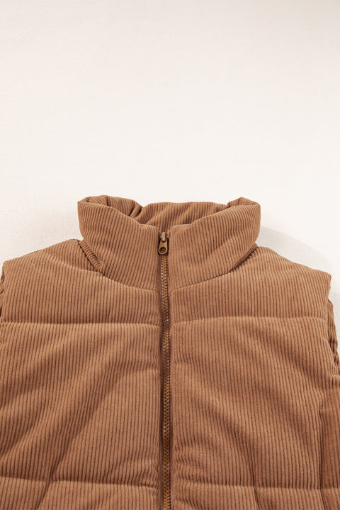 Coffee Corduroy Stand Neck Zipped Puffer Vest