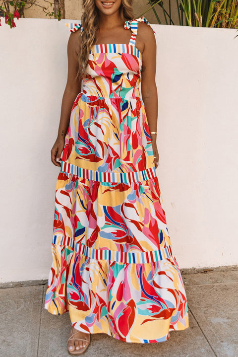 Multicolor Abstract Print Striped Trim Maxi Sundress