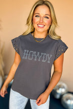 Dark Grey Rhinestone HOWDY Graphic Studded Sleeve T Shirt