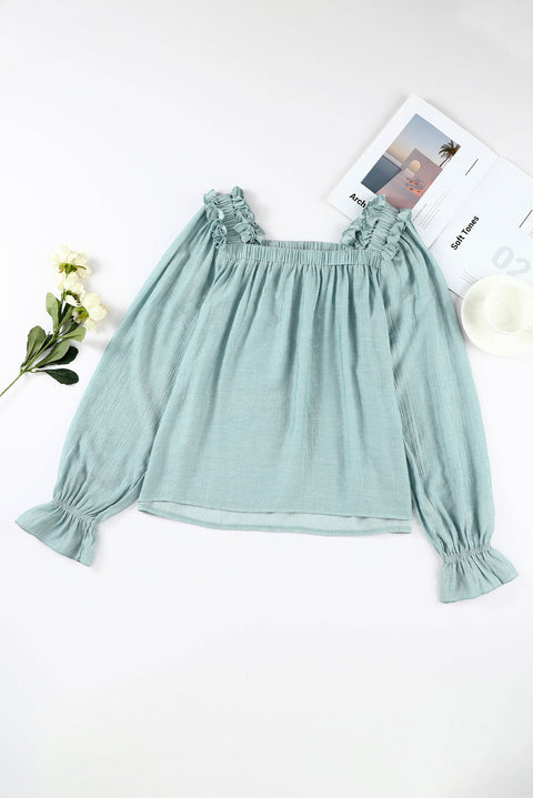 Green Ruffled Square Neck Cuffs Long Sleeve Blouse