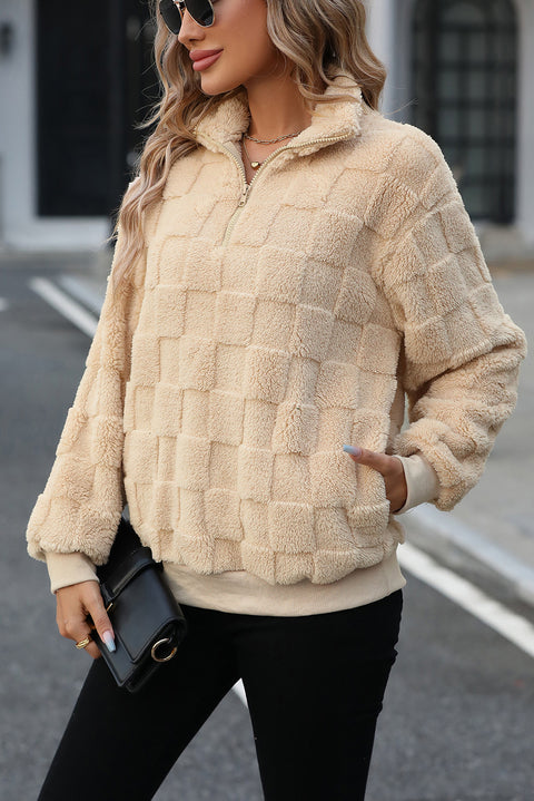 Apricot Checkered Plush Quarter Zipper Pullover Sweatshirt