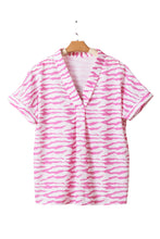 Rose Zebra Pattern V Neck Short Sleeve Blouse