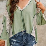 Grass Green Crochet Detail Exposed Seam High Low Loose Top