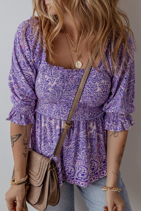 Purple Boho Paisley Print Half Sleeve Shirred Peplum Blouse