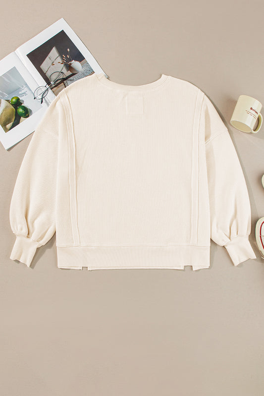 White Solid Color Waffle Knit Drop Shoulder Plus Size Sweatshirt