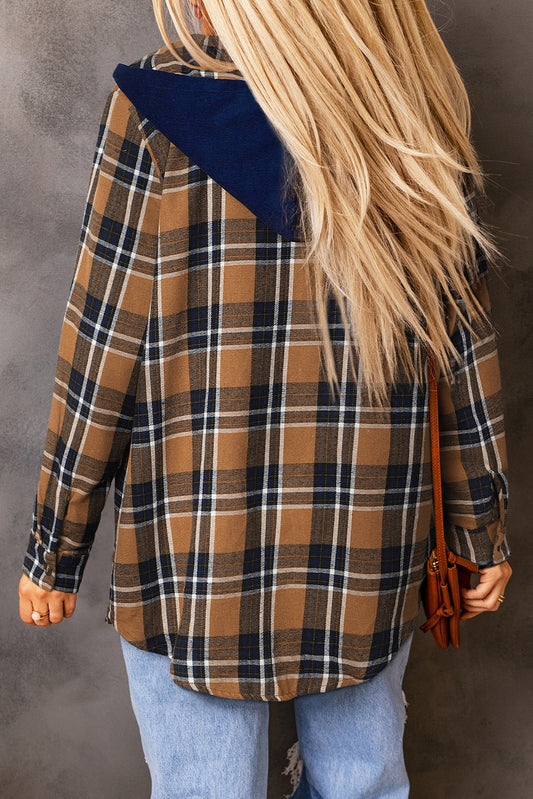 Mazarine Contrast Hooded Drawstring Plaid Shacket