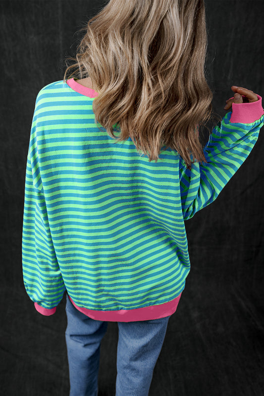 Sky Blue Stripe Oversized Contrast Trim Pullover Sweatshirt
