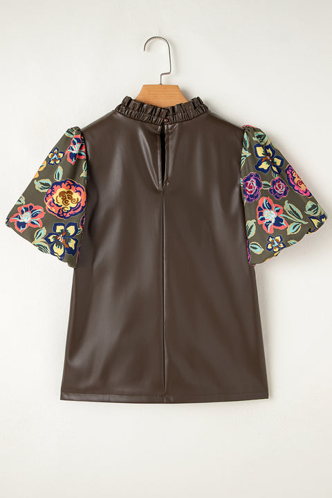 Four Leaf Clover Floral Bubble Sleeve Patchwork Leatherette Frilled Round Neck Blouse