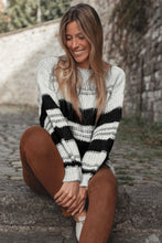 Black Stripe Striped Knit Puff Sleeve Casual Sweater