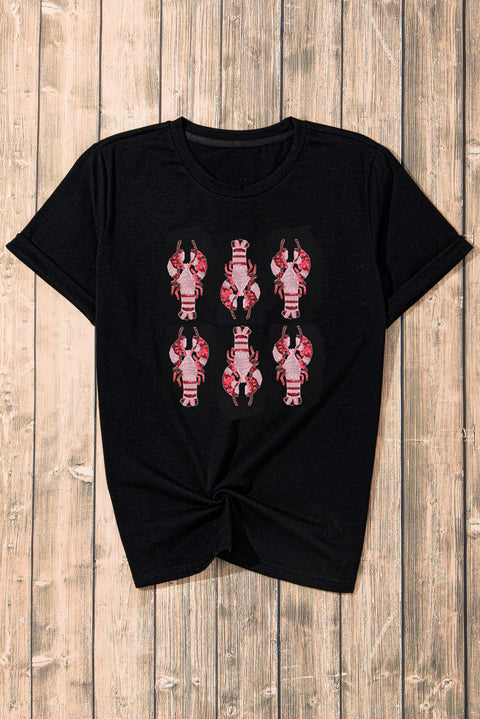 Black Sequin Crawfish Graphic Western Fashion T Shirt