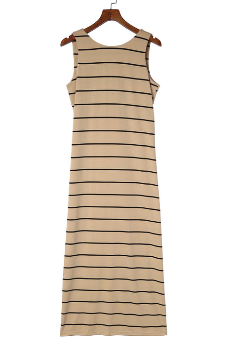 Stripe Print Open Back Sleeveless Maxi Dress with Slits