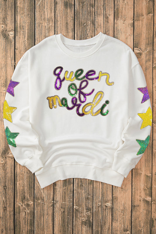 White Sequin queen of party Graphic Star Sleeve Pullover Sweatshirt