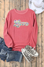 Strawberry Pink Sequin Love Graphic Drop Shoulder Corded Valentines Sweatshirt