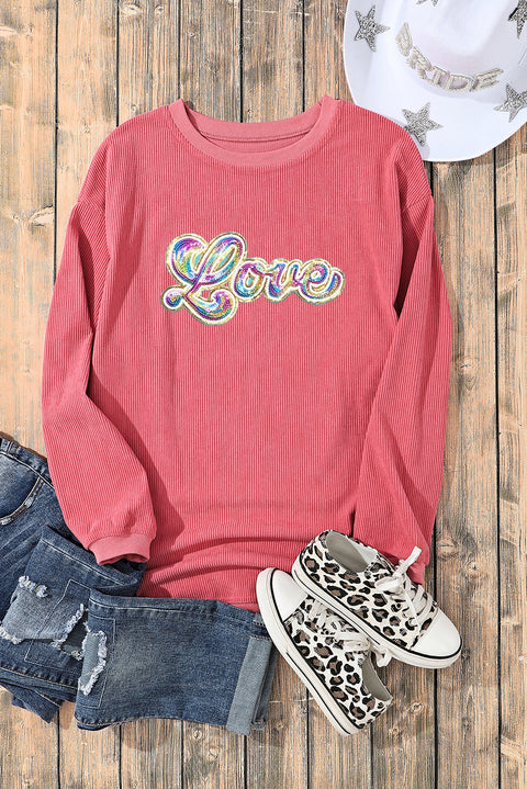 Strawberry Pink Sequin Love Graphic Drop Shoulder Corded Valentines Sweatshirt