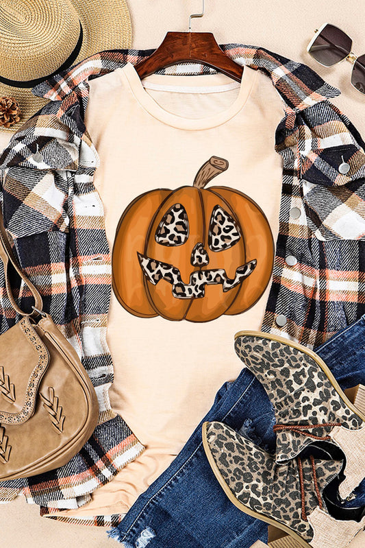 Camiseta caqui con estampado de calabaza y leopardo de Halloween