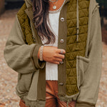 Jungle Green Quilted Textured Patchwork Loose Fit Hooded Jacket