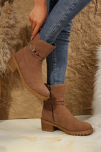 Chestnut Suede Buckle Decor Heeled Ankle Boots