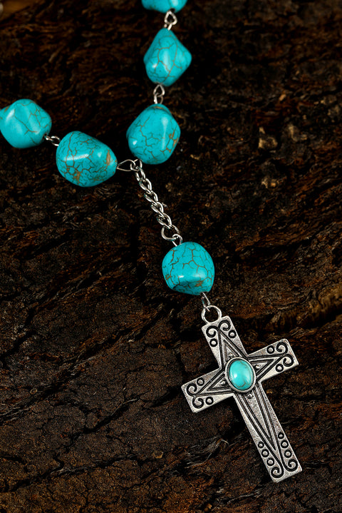 Peacock Blue Turquoise Cross Pendant Necklace