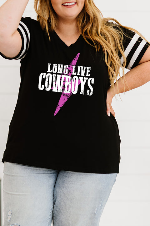 Black LONG LIVE COWBOYS Varsity Striped Sleeve Plus V Neck Tee