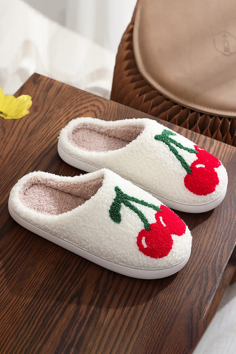 White Cute Fruit Cherry Pattern Winter Plush Slippers