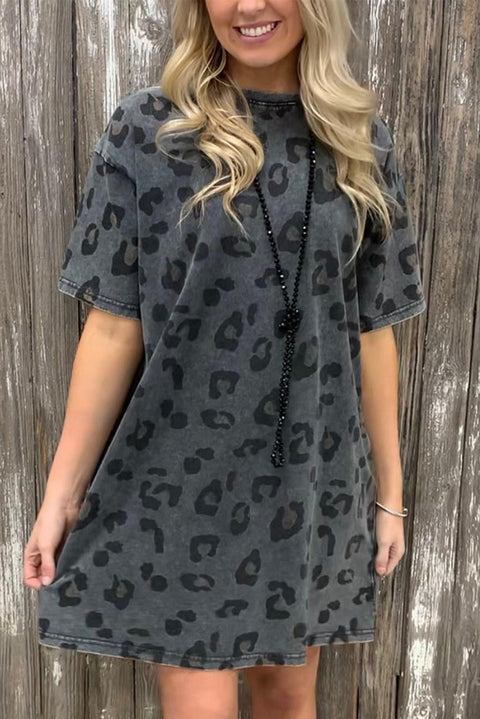 Vestido estilo camiseta de leopardo lavado vintage con bolsillos 