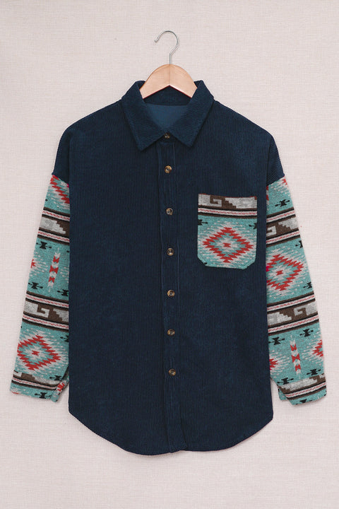 Aztec Pattern Sleeve Pocketed Corduroy Shacket