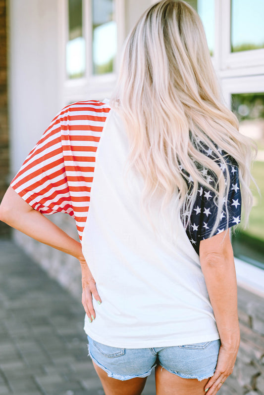 White Chenille USA Stars and Stripes Printed V Neck T Shirt