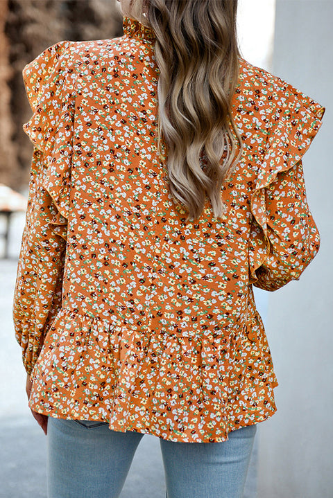 Orange Ruffle Collar Long Sleeve Peplum Top