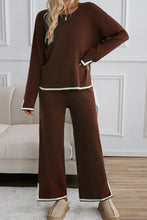 Coffee Contrast Trim Split Cuffs Long 2pcs Sweater Outfit Loungewear