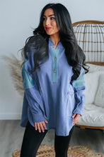 Gray Color Block Exposed Seam Buttoned Neckline Hoodie