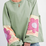 Smoke Green Flower Patchwork Raglan Sleeve Exposed Seam Oversized Top