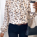 White Leopard Print Lantern Sleeve Mock Neck Pleated Blouse