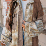 Khaki Houndstooth Color Contrast Textured Patchwork Loose Shacket