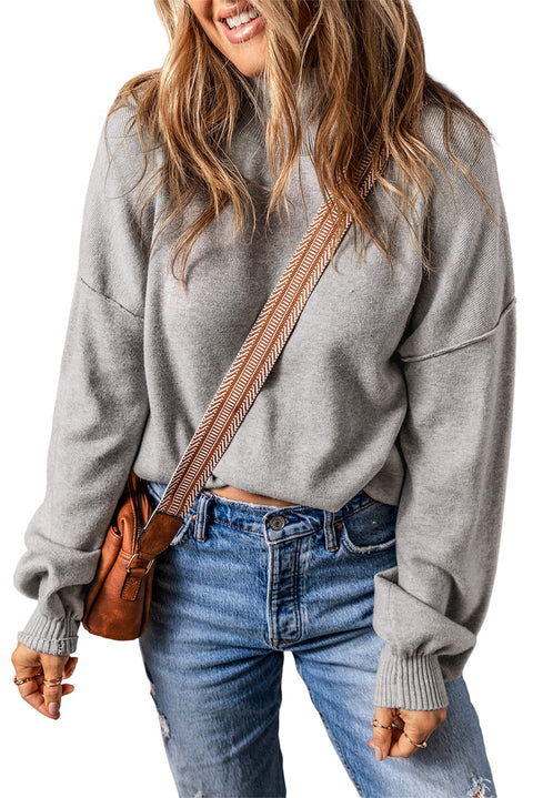 Gray Turtleneck Drop Shoulder Bubble Sleeve Knit Sweater