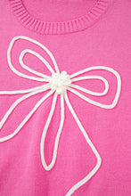 Bright Pink Corded Flower Bow Ribbed Trim Casual Sweater