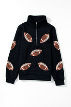 Black Sequin Rugby Football Patched Quarter Zip Textured Sweatshirt