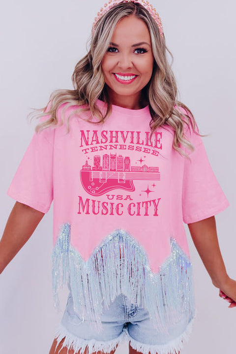 Pink NASHVILE MUSIC CITY Graphic Sequin Fringed Hem Tee