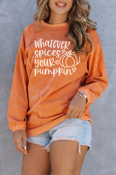 '-3 Pumpkin Letter Print Oversized Corduroy Sweatshirt