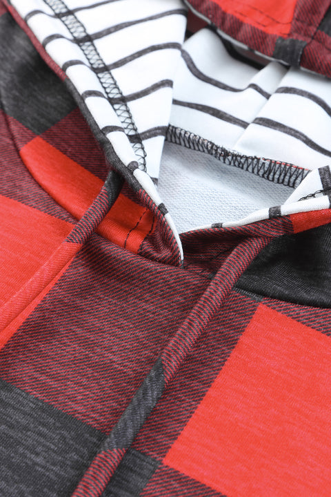 Christmas Plaid Striped Patchwork Drawstring Hoodie